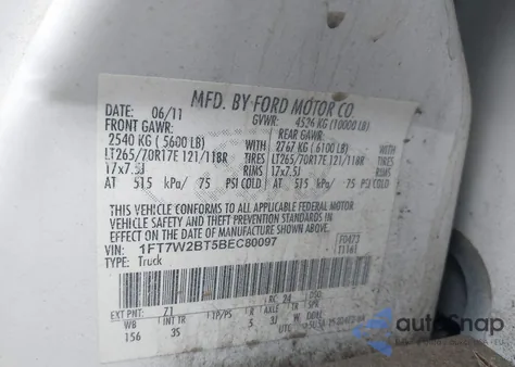 2011 Ford F-250 Xlt from USA, damaged, VIN 1FT7W2BT5BEC80097